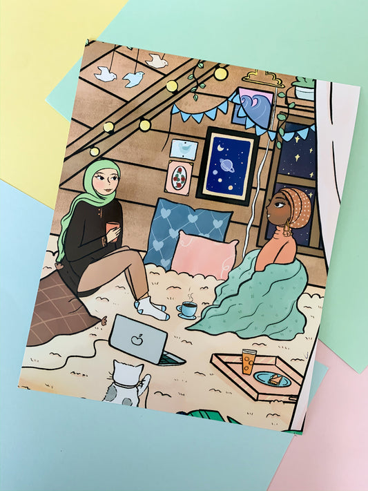 Print - Evening Conversations 8x10" / 4x6" Art Print,Cute Gift Print,Muslim Mini Poster,Hijabi Friends Mini Poster, Muslim Gifts, Fall Print