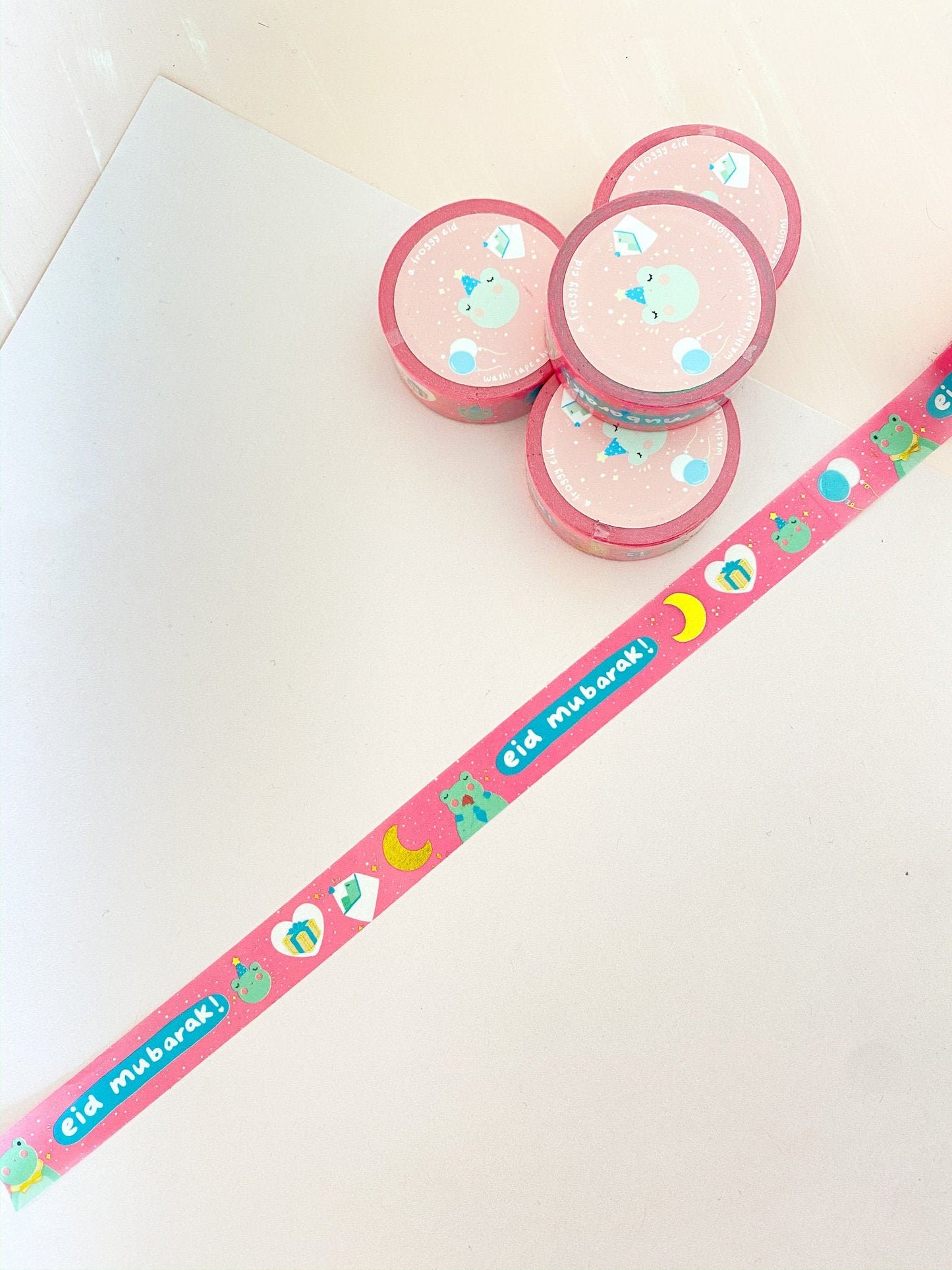 Washi Tape - Gold Foil Froggy Eid Mubarak Washi Tape, Playful Eid Mubarak Washi Tape, Cute Eid Tape, Cute Eid Washi Tape for Packaging