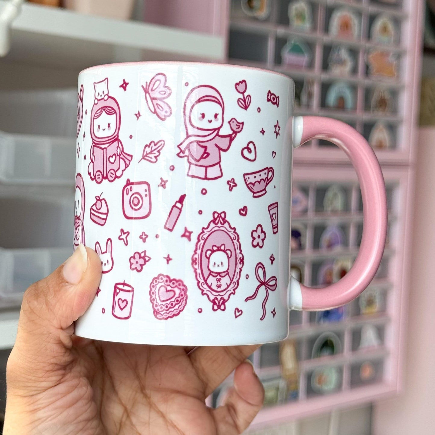 Mug - Cute Things Mug, Pink Hijabi Patterned Mug, Pastel Pink Hijabi Coquette Cute Mug Cup, Cute Eid Gift