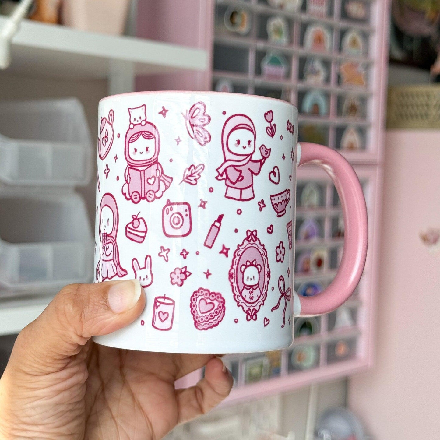 Mug - Cute Things Mug, Pink Hijabi Patterned Mug, Pastel Pink Hijabi Coquette Cute Mug Cup, Cute Eid Gift