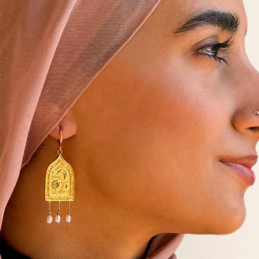 Earrings - Layla, waterproof, 18k gold plated over stainless steel, pearl dangle earrings, eid gifts, hijabi jewelry