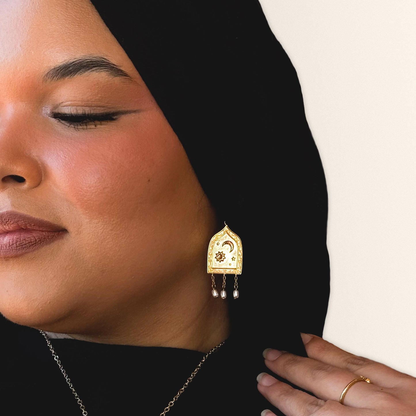 Earrings - Layla, waterproof, 18k gold plated over stainless steel, pearl dangle earrings, eid gifts, hijabi jewelry