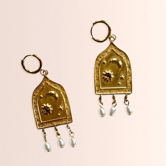 Earrings - Layla, waterproof, 18k gold plated over stainless steel, pearl dangle earrings, eid gifts, hijabi jewelry