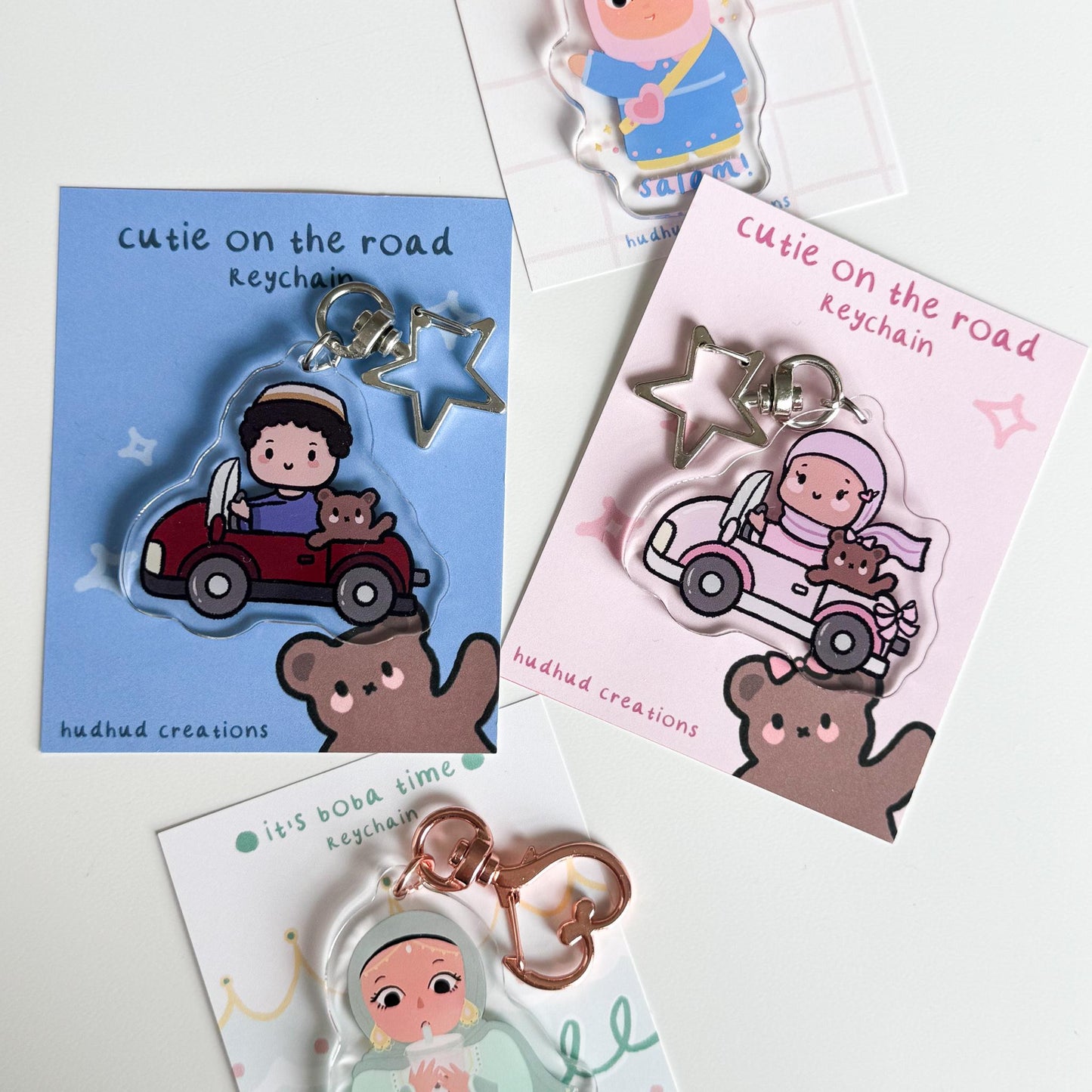 Keychain - Cutie on the Road (Girl) Cute Hijabi Girl with Teddy Bear Friend, Muslim Acrylic Keyring, Islamic Gift, Cute Eid Gift, Cutesy