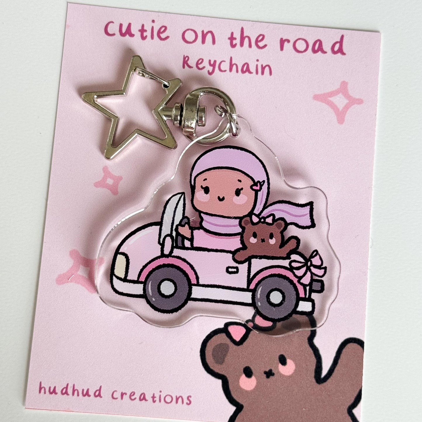 Keychain - Cutie on the Road (Girl) Cute Hijabi Girl with Teddy Bear Friend, Muslim Acrylic Keyring, Islamic Gift, Cute Eid Gift, Cutesy