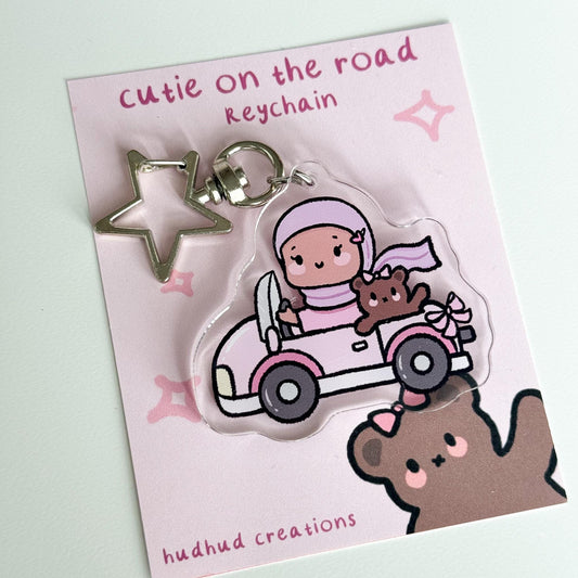 Keychain - Cutie on the Road (Girl) Cute Hijabi Girl with Teddy Bear Friend, Muslim Acrylic Keyring, Islamic Gift, Cute Eid Gift, Cutesy