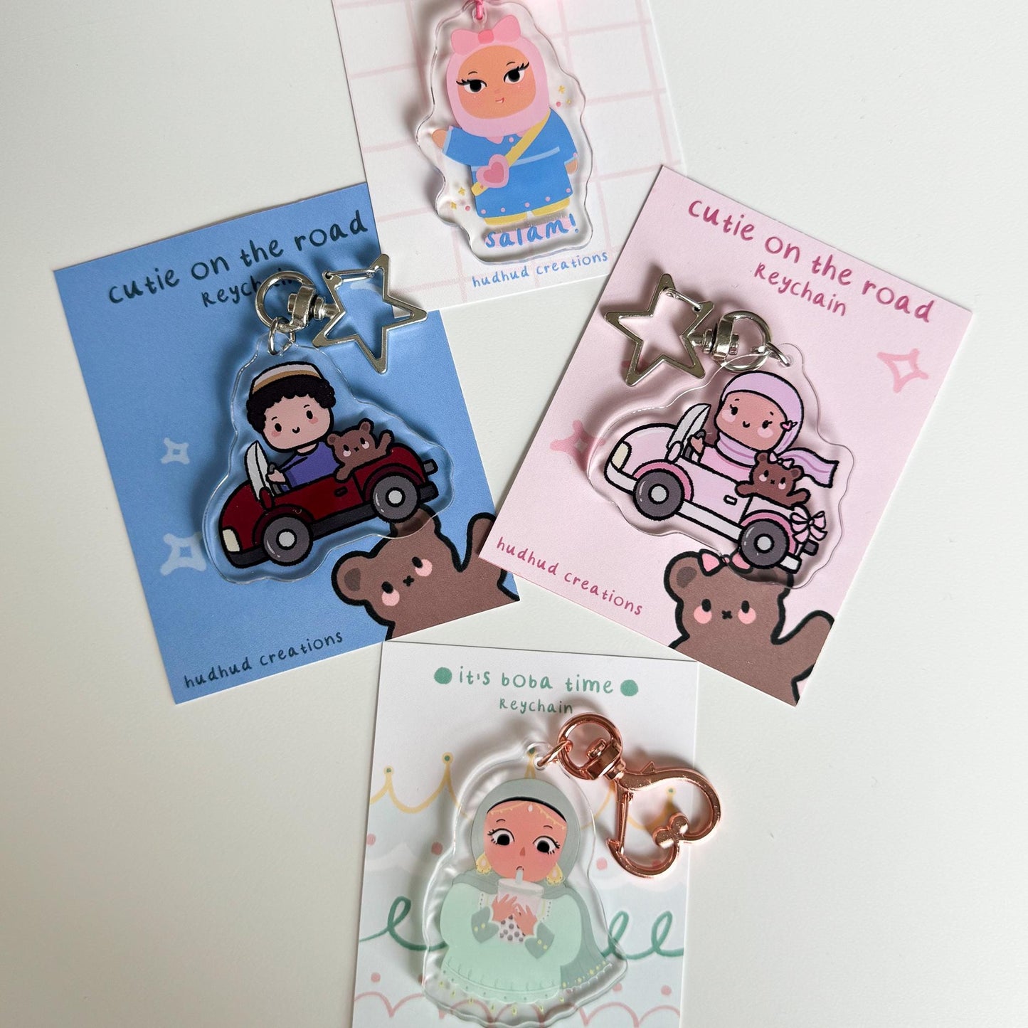 Keychain - Cutie on the Road (Girl) Cute Hijabi Girl with Teddy Bear Friend, Muslim Acrylic Keyring, Islamic Gift, Cute Eid Gift, Cutesy