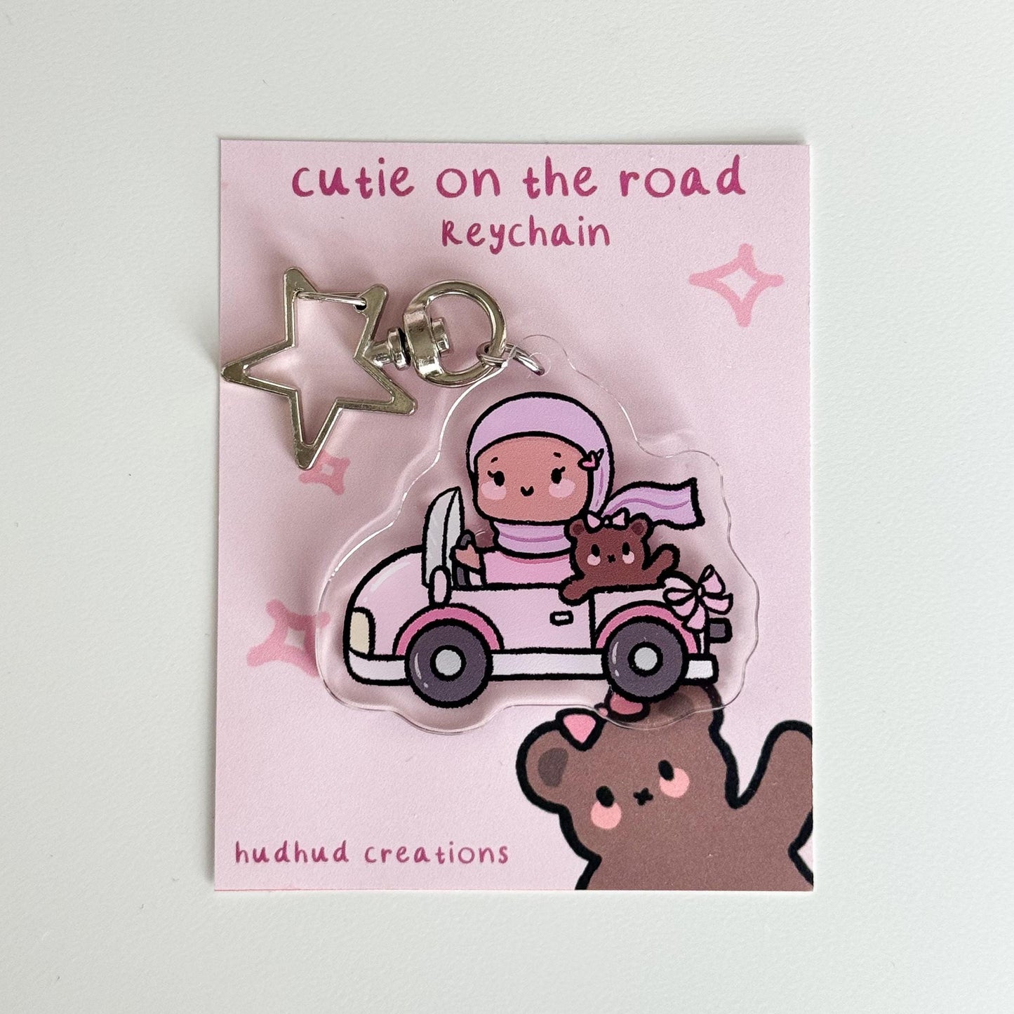 Keychain - Cutie on the Road (Girl) Cute Hijabi Girl with Teddy Bear Friend, Muslim Acrylic Keyring, Islamic Gift, Cute Eid Gift, Cutesy