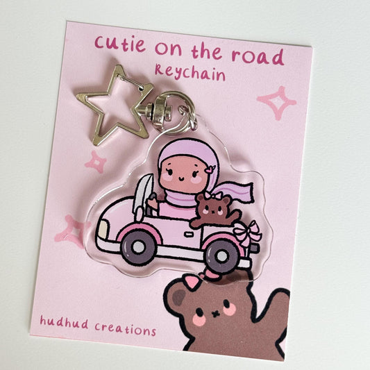 Keychain - Cutie on the Road (Girl) Cute Hijabi Girl with Teddy Bear Friend, Muslim Acrylic Keyring, Islamic Gift, Cute Eid Gift, Cutesy