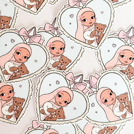 Sticker - Hijabi Sweetheart Sticker, Framed Heart Sticker with Ribbon & Teddy, Hijabi and Teddy Sticker, Coquette Styled Hijabi Sticker