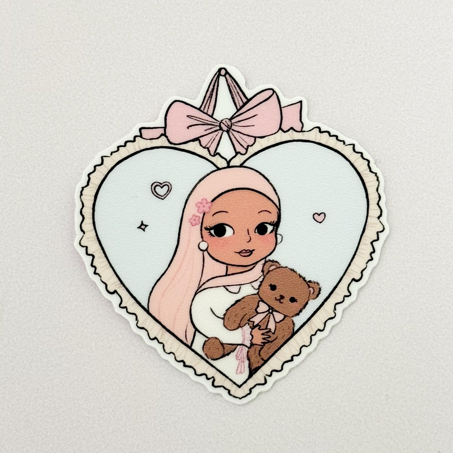 Sticker - Hijabi Sweetheart Sticker, Framed Heart Sticker with Ribbon & Teddy, Hijabi and Teddy Sticker, Coquette Styled Hijabi Sticker