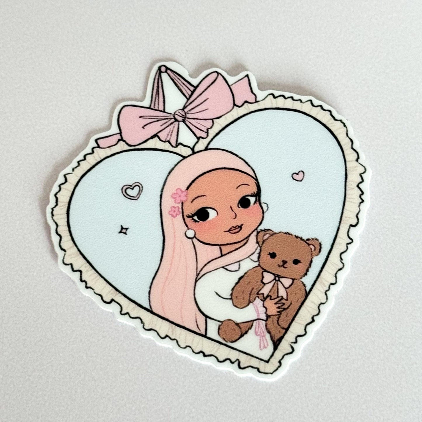 Sticker - Hijabi Sweetheart Sticker, Framed Heart Sticker with Ribbon & Teddy, Hijabi and Teddy Sticker, Coquette Styled Hijabi Sticker