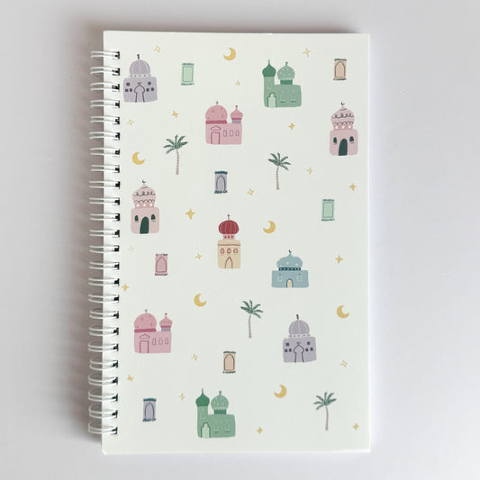 Notebook - Masjids & Moons Journal, Patterned Notebook, Pastel Prayer Rug, Masjid, Palm Trees Cute Journal Notebook