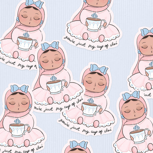 Sticker - You're Just My Cup of Chai Sticker, Coquette Hijabi Sticker, Pastel Tea Time Sticker, Chai Time Sticker, Hijabi Cute Sticker Bow