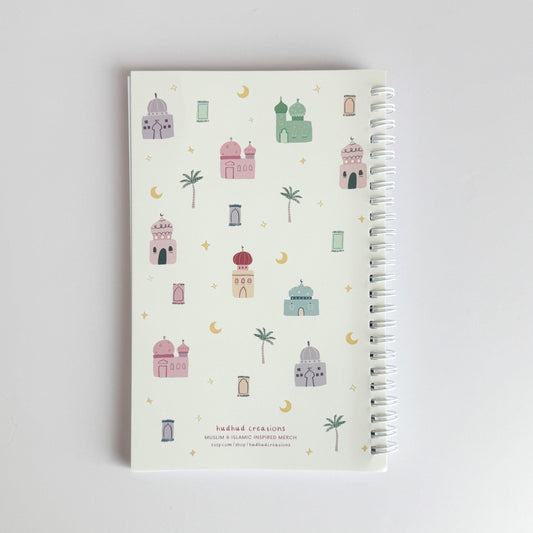 Notebook - Masjids & Moons Journal, Patterned Notebook, Pastel Prayer Rug, Masjid, Palm Trees Cute Journal Notebook
