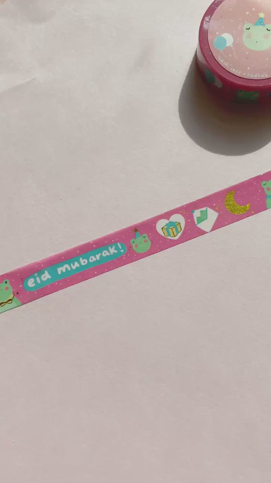 Washi Tape - Gold Foil Froggy Eid Mubarak Washi Tape, Playful Eid Mubarak Washi Tape, Cute Eid Tape, Cute Eid Washi Tape for Packaging