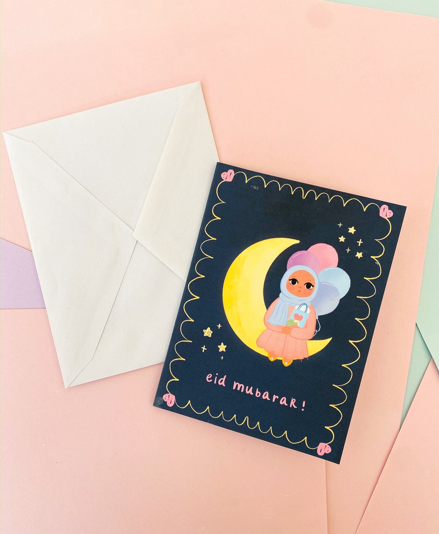 Card - Eid Mubarak Card With Hijabi on Moon Holding Gifts