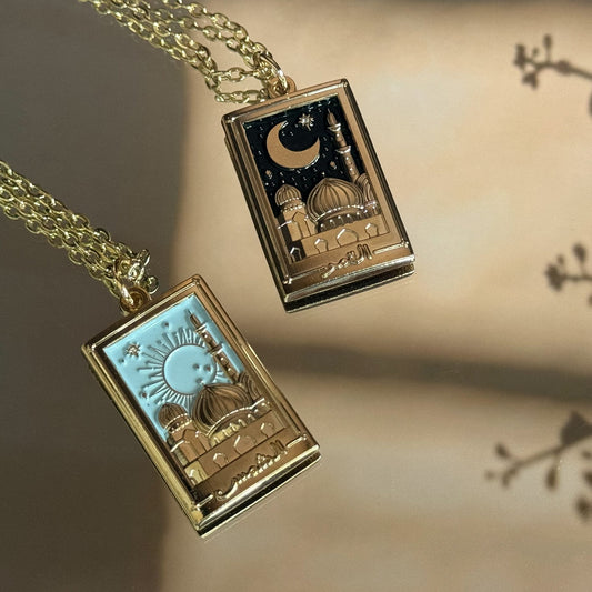 Necklace - Shams & Qamr Sun and Moon Necklaces, Starry Celestial Masjid Necklaces, Islamic Friendship Necklaces, Islamic Jewelry, Hijabi