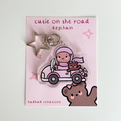 Keychain - Cutie on the Road (Girl) Cute Hijabi Girl with Teddy Bear Friend, Muslim Acrylic Keyring, Islamic Gift, Cute Eid Gift, Cutesy