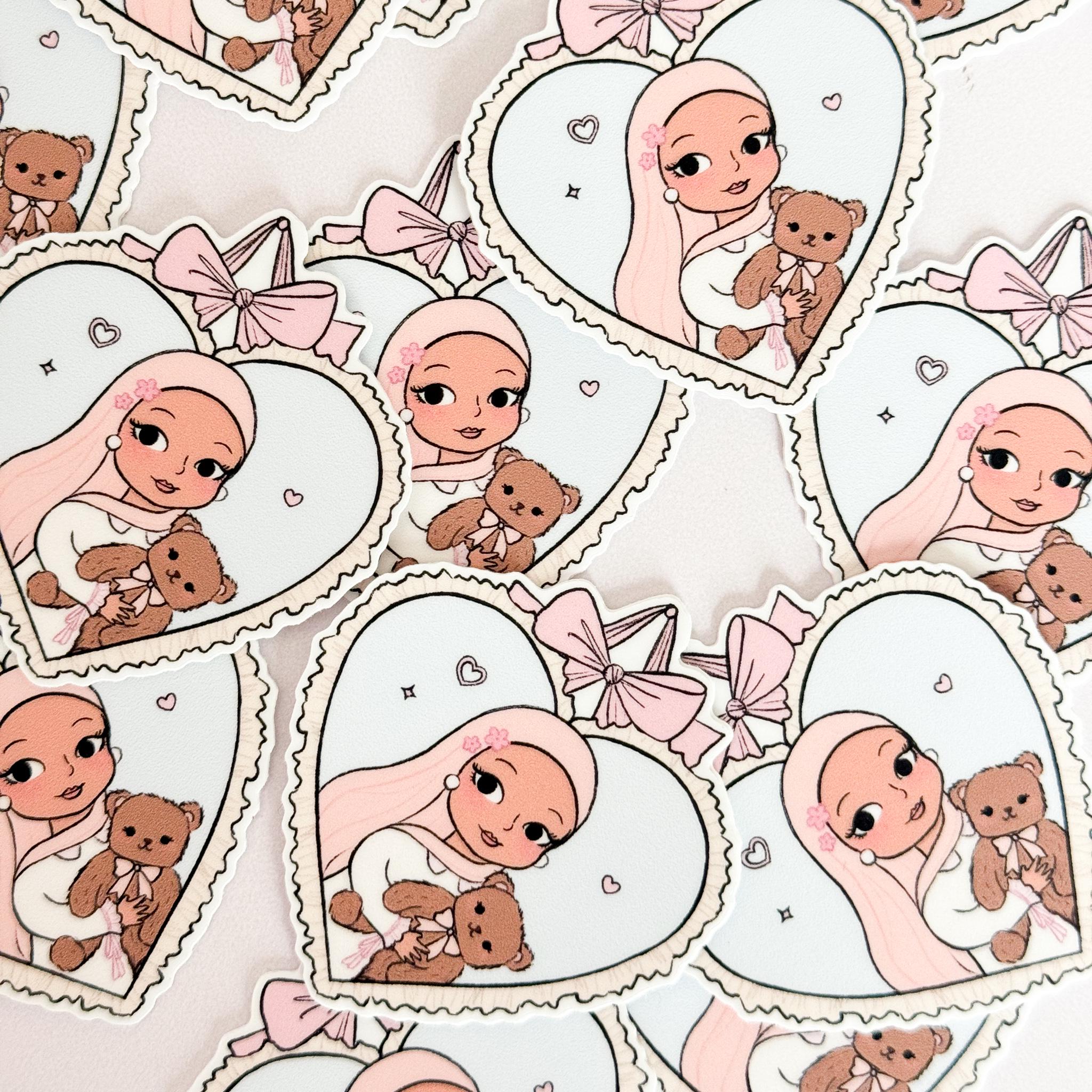 Sticker - Hijabi Sweetheart Sticker, Framed Heart Sticker with Ribbon & Teddy, Hijabi and Teddy Sticker, Coquette Styled Hijabi Sticker